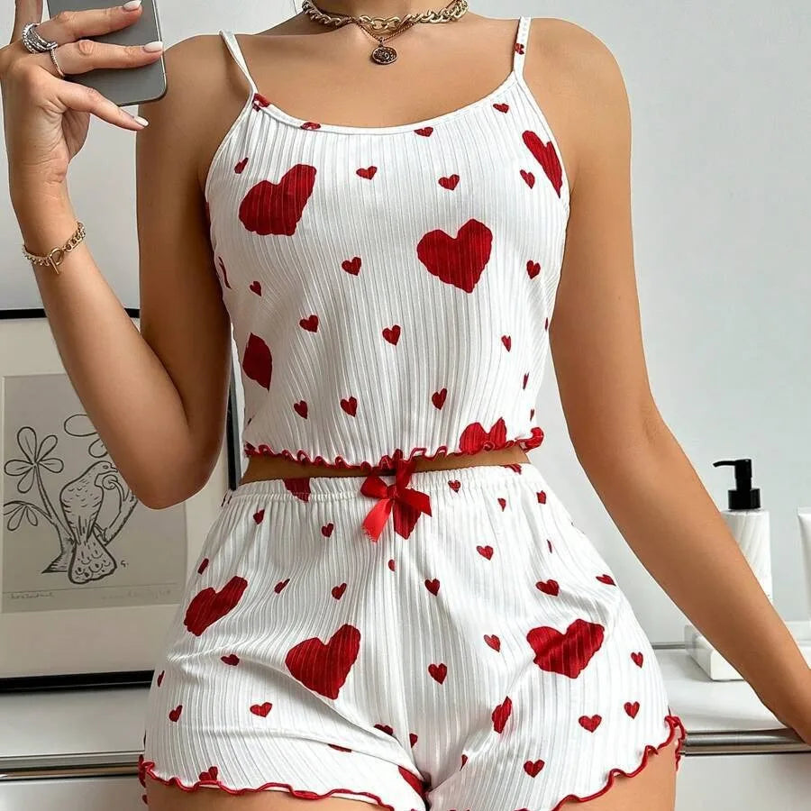 Women's Heart Print Pajama Set - Sleeveless Crop Top and Shorts for Comfy Summer Nightwear