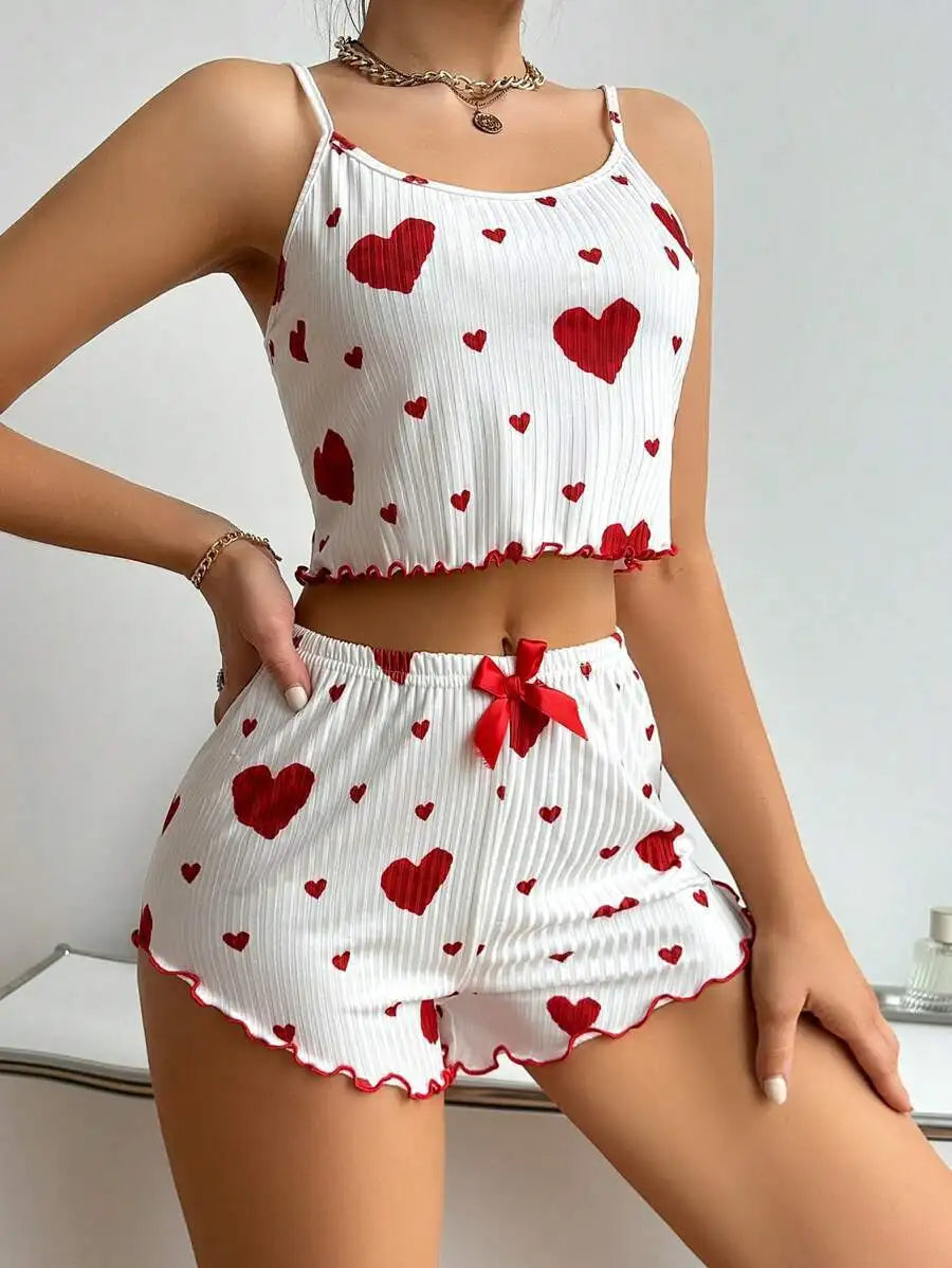 Women's Heart Print Pajama Set - Sleeveless Crop Top and Shorts for Comfy Summer Nightwear