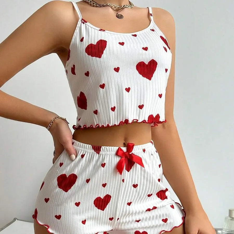 Women's Heart Print Pajama Set - Sleeveless Crop Top and Shorts for Comfy Summer Nightwear