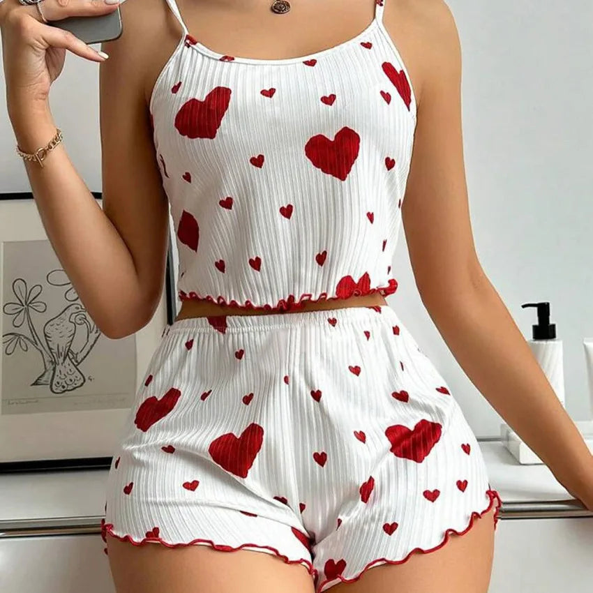 Women's Heart Print Pajama Set - Sleeveless Crop Top and Shorts for Comfy Summer Nightwear