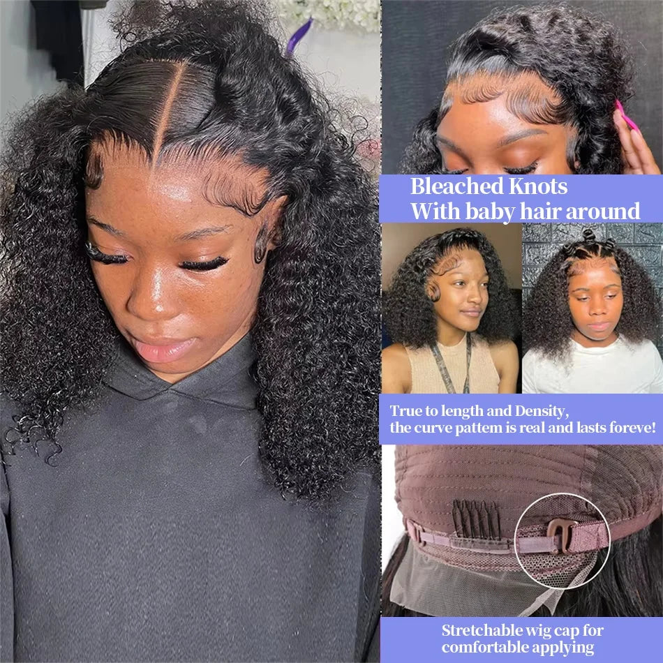 100% Human Hair Kinky Curly Bob Wig - 13x4 Transparent Lace Front, 12-14 Inches, 220% Density, Pre-Plucked Deep Wave