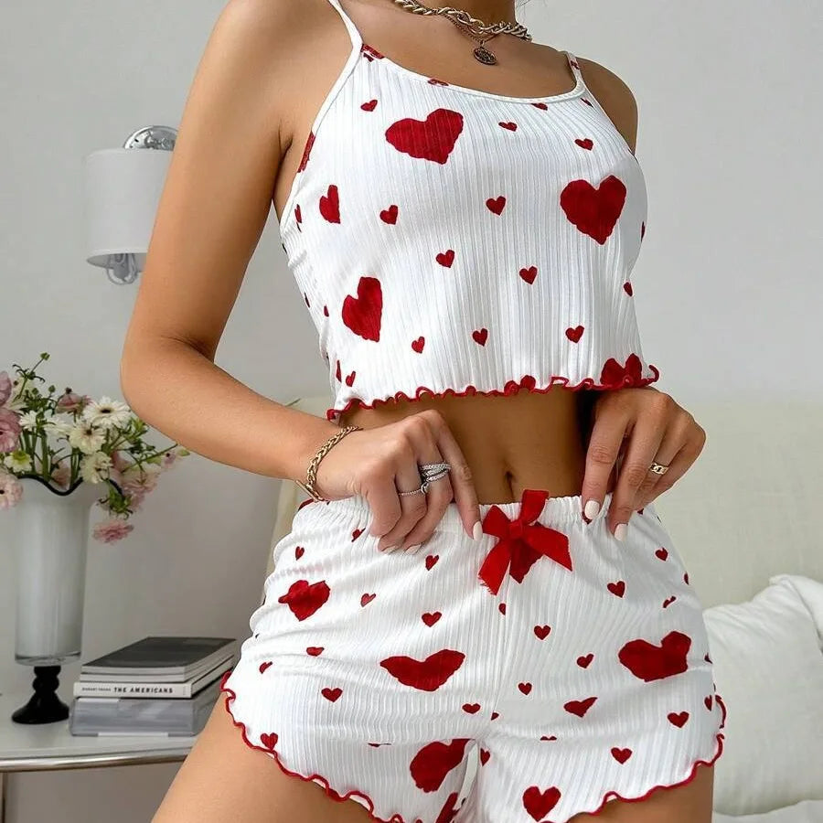 Women's Heart Print Pajama Set - Sleeveless Crop Top and Shorts for Comfy Summer Nightwear