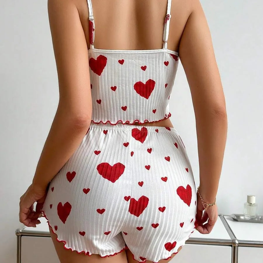 Women's Heart Print Pajama Set - Sleeveless Crop Top and Shorts for Comfy Summer Nightwear