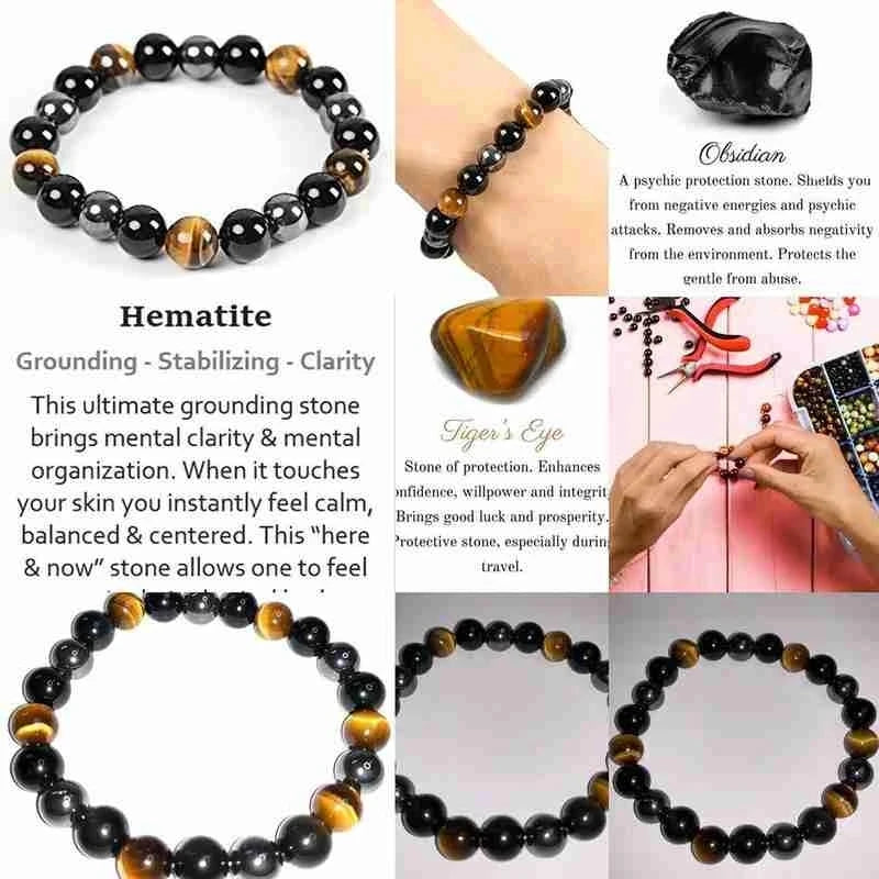 Natural Black Obsidian Tiger Eye Bracelet for Men and Women - Magnetic Hematite Health Protection Soul Jewelry