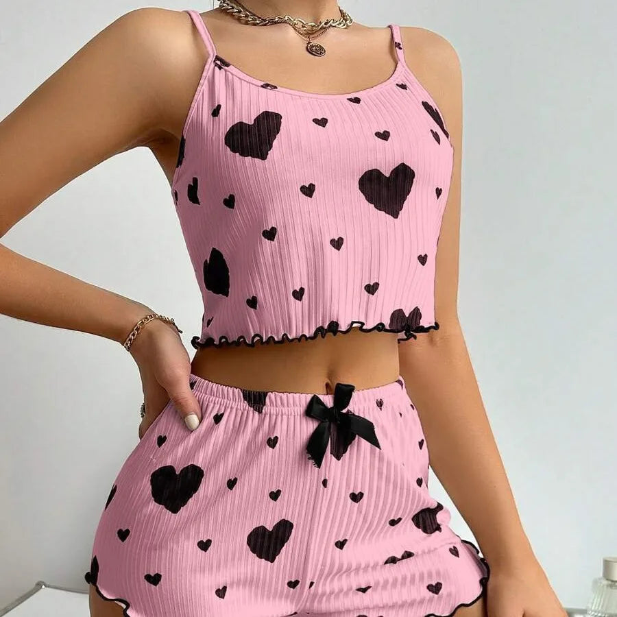 Women's Heart Print Pajama Set - Sleeveless Crop Top and Shorts for Comfy Summer Nightwear
