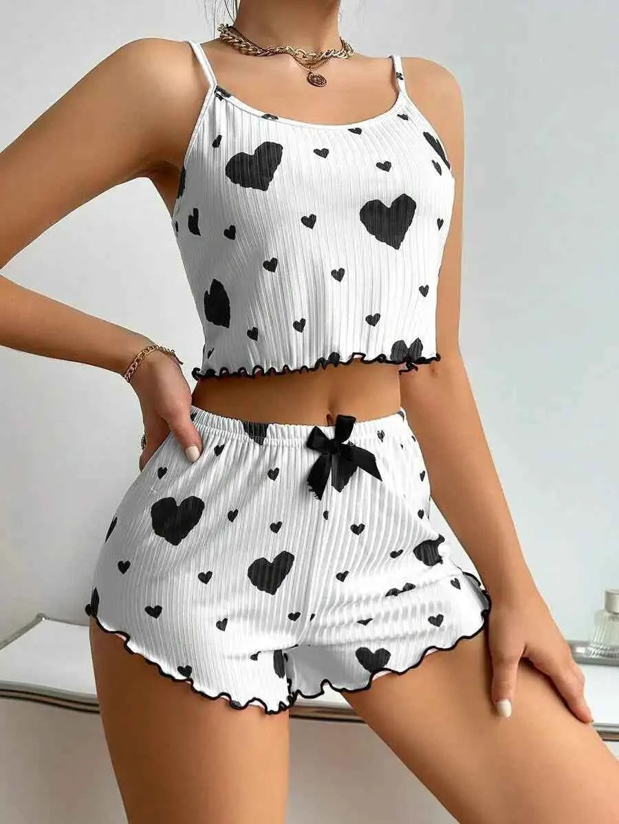Heart Print Pajama Set - Summer Nightwear
