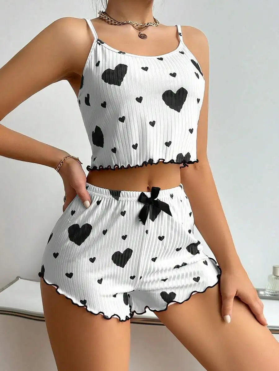 Women's Heart Print Pajama Set - Sleeveless Crop Top and Shorts for Comfy Summer Nightwear