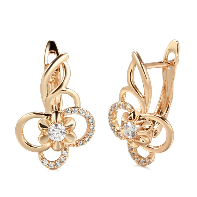 Kinel Trend Cute Hollow Flower 585 Rose Gold Drop Earrings for Women - Natural Zircon Creative Fashion Jewelry