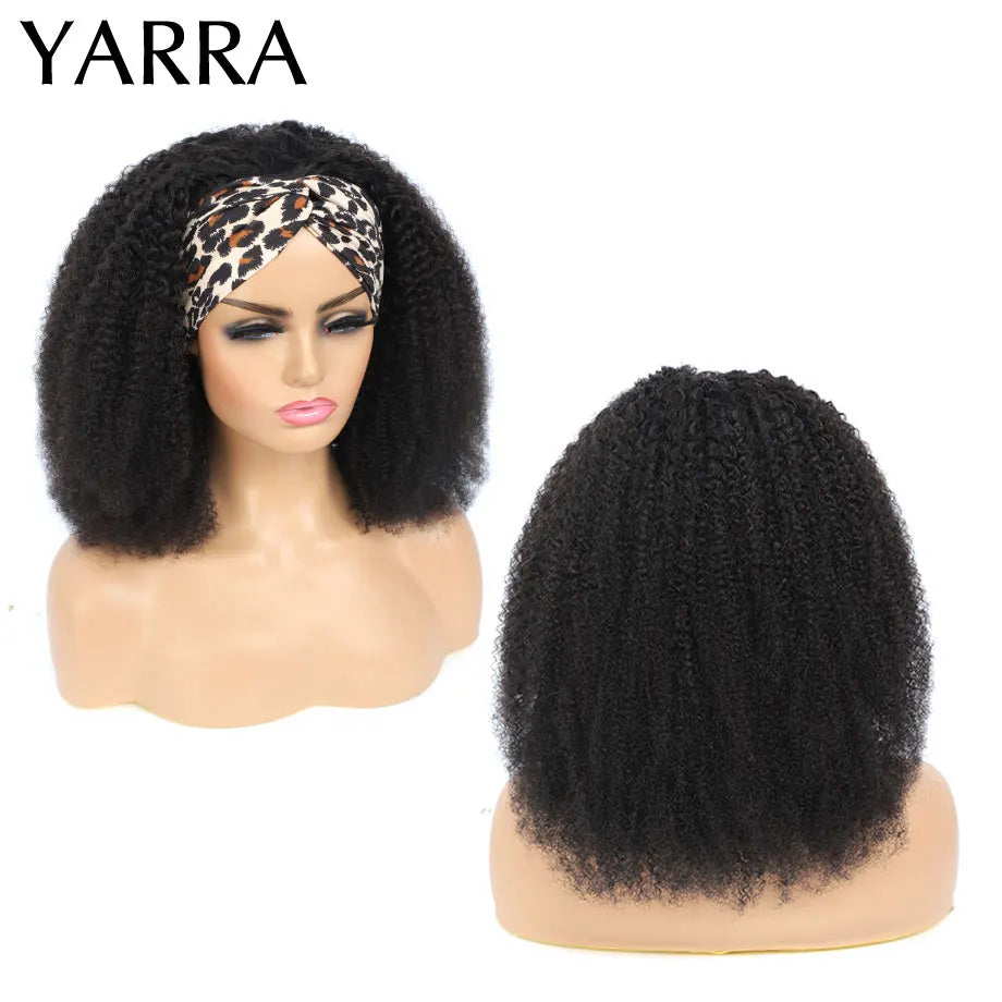 Afro Kinky Curly Headband Wig for Black Women, 180% Density Brazilian Remy Full Machine Made 100% Human Hair YARRA