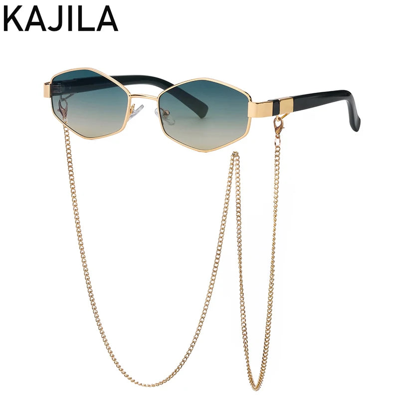 Luxury Punk Hexagon Sunglasses with Chain - Designer Small Frame