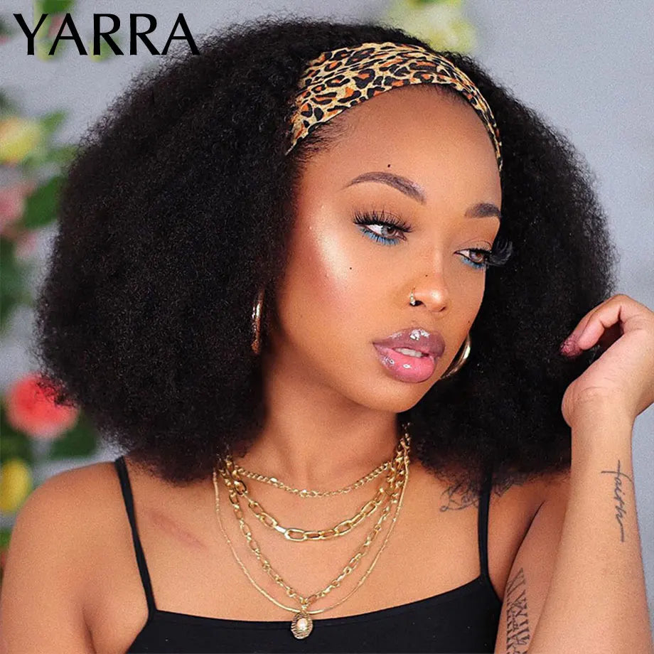 Afro Kinky Curly Headband Wig for Black Women, 180% Density Brazilian Remy Full Machine Made 100% Human Hair YARRA