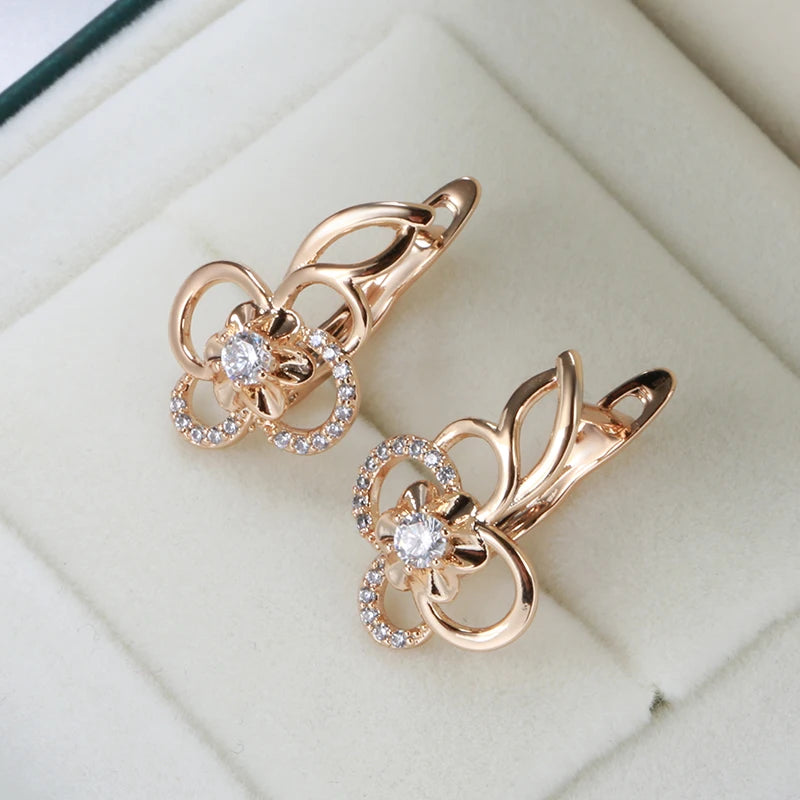 Kinel Trend Cute Hollow Flower 585 Rose Gold Drop Earrings for Women - Natural Zircon Creative Fashion Jewelry