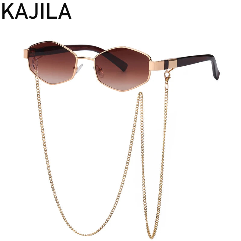 Luxury Punk Hexagon Sunglasses with Chain - Designer Small Frame
