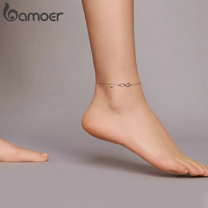 Bamoer 925 Sterling Silver Infinite Chain Anklet - Real 925 Sterling Silver Anti-allergy Foot Jewelry for Women Summer SCT019