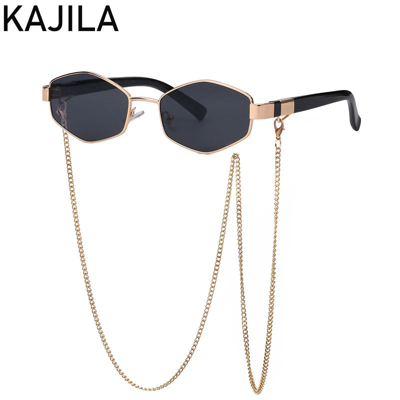 Luxury Punk Hexagon Sunglasses with Chain - Designer Small Frame