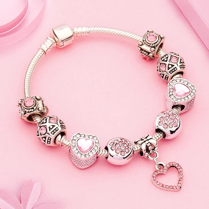 Valentine's Heart Crystal Bracelet - Elegant Pink Charm Bracelet for Loved Ones