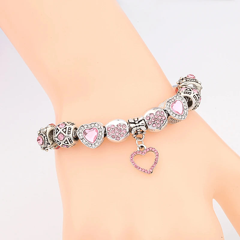 Valentine's Heart Crystal Bracelet - Elegant Pink Charm Bracelet for Loved Ones