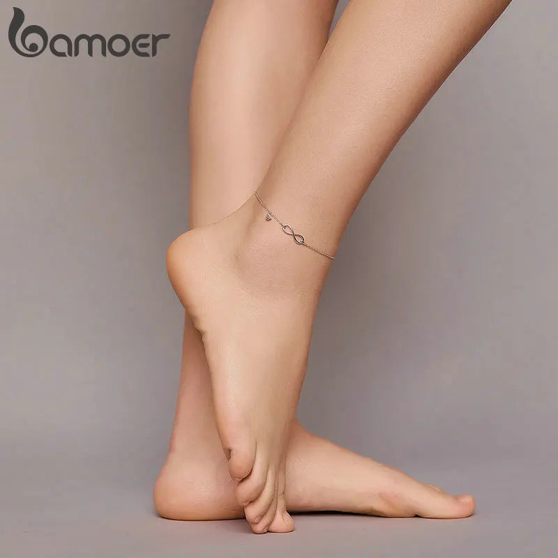 Bamoer 925 Sterling Silver Infinite Chain Anklet - Real 925 Sterling Silver Anti-allergy Foot Jewelry for Women Summer SCT019