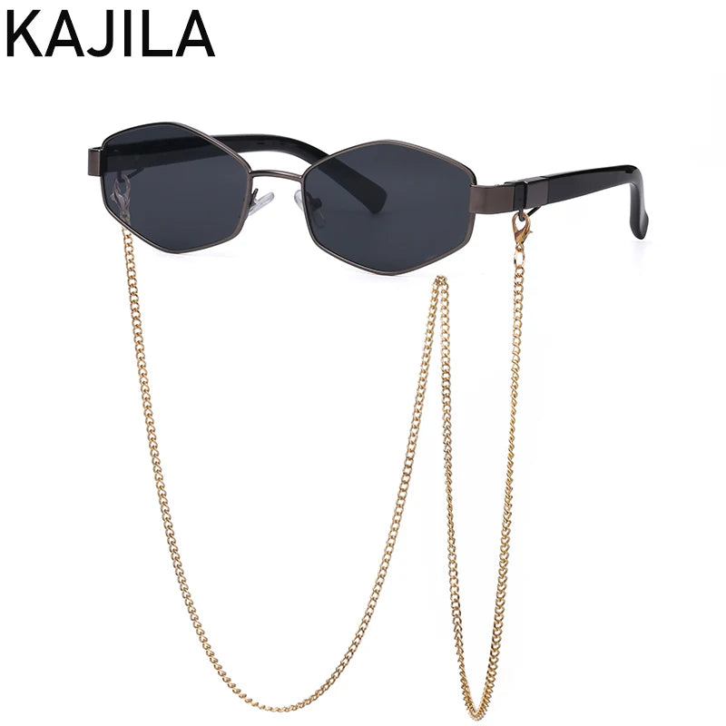 Luxury Punk Hexagon Sunglasses with Chain - Designer Small Frame
