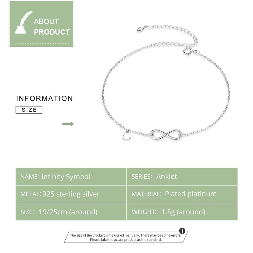 Bamoer 925 Sterling Silver Infinite Chain Anklet - Real 925 Sterling Silver Anti-allergy Foot Jewelry for Women Summer SCT019