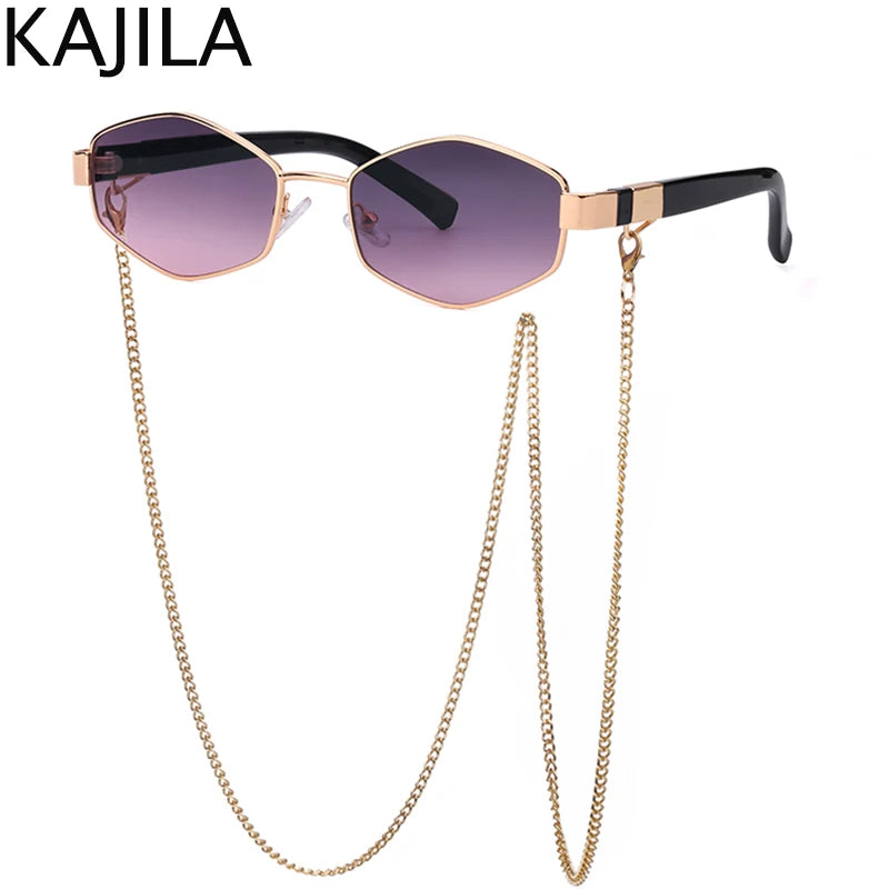 Luxury Punk Hexagon Sunglasses with Chain - Designer Small Frame