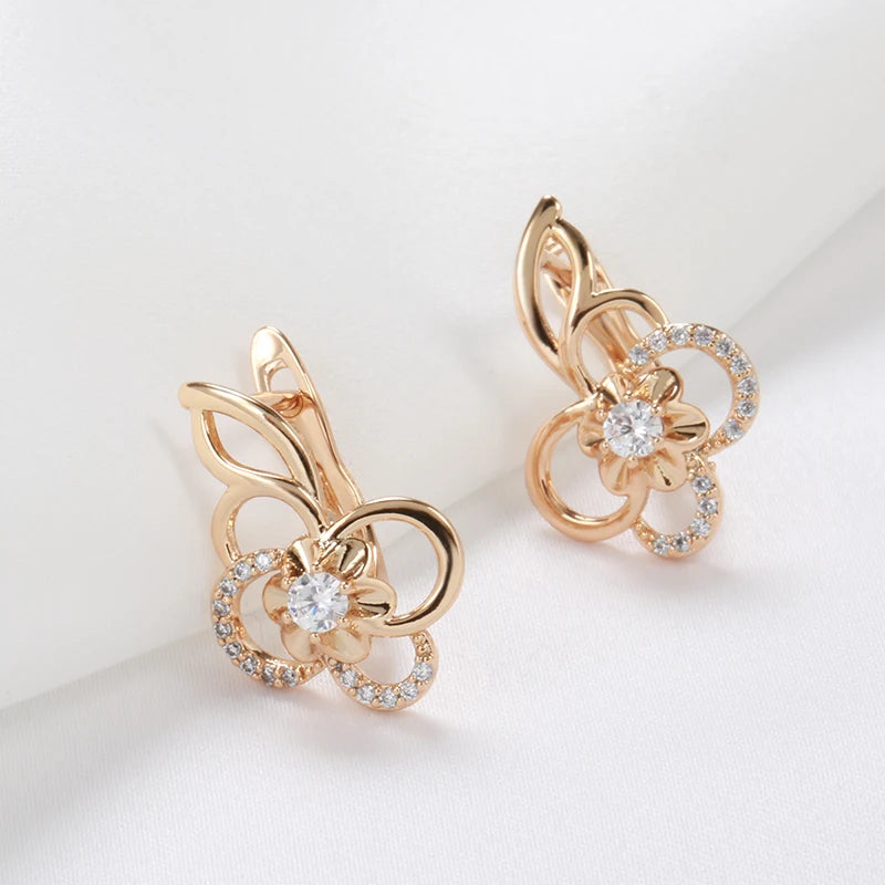 Kinel Trend Cute Hollow Flower 585 Rose Gold Drop Earrings for Women - Natural Zircon Creative Fashion Jewelry