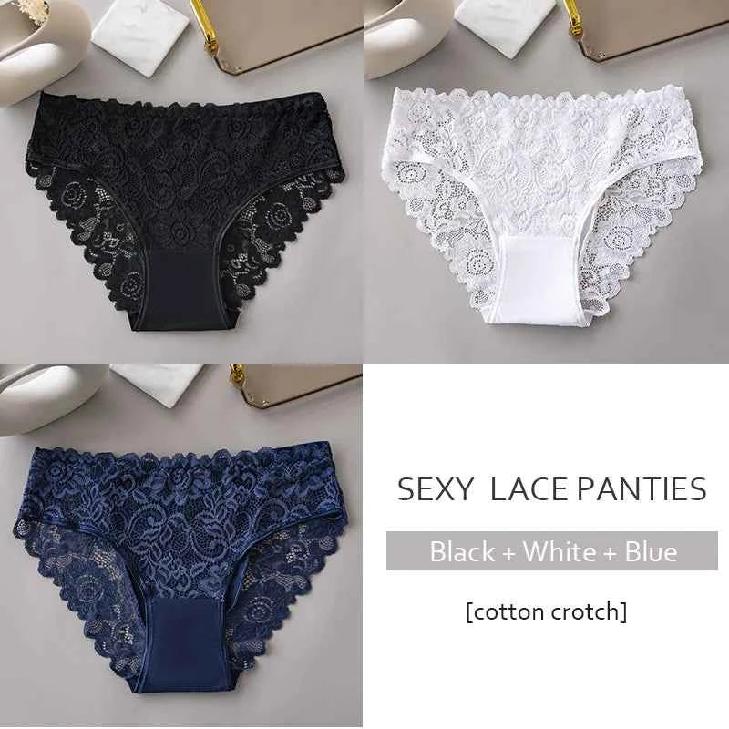 3PCS Set Luxury Floral Lace Panties Women Briefs Sexy Hollow Lingerie Breathable Underwear