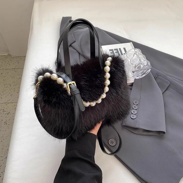 Winter Fashion Faux Fur Crossbody Bags with Pearl Chain Decor for Women’s Gifts, Ladies Handbags Top-Handle Style