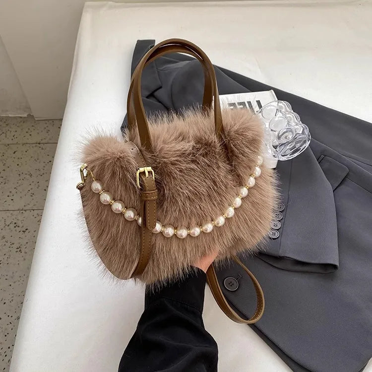 Winter Fashion Faux Fur Crossbody Bags with Pearl Chain Decor for Women’s Gifts, Ladies Handbags Top-Handle Style