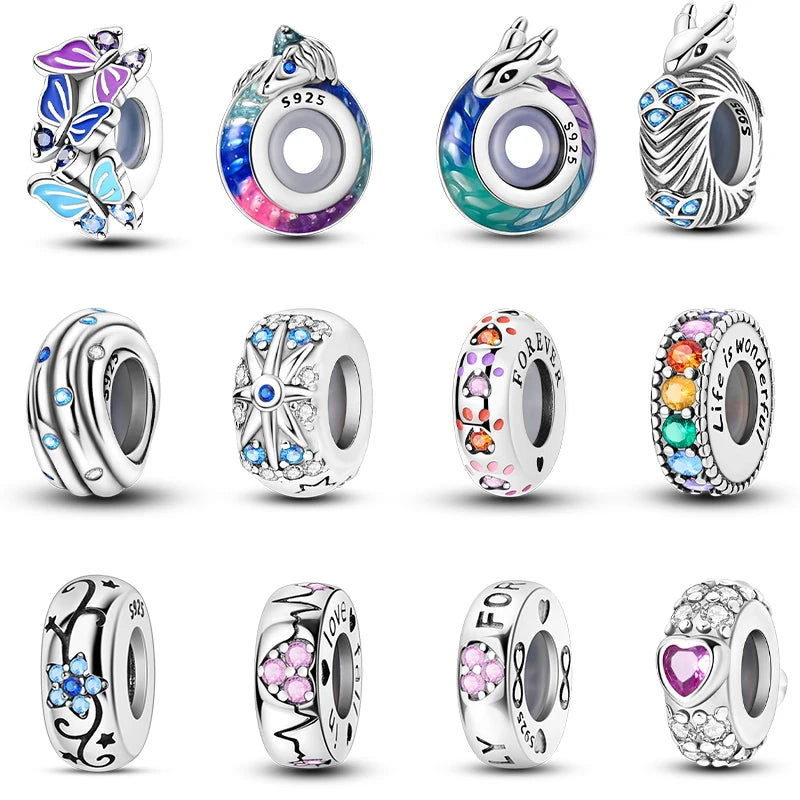 100% 925 Sterling Silver Butterfly Charm with Rainbow Zircon Colorful Dragon Shaped Silicone Stopper for DIY Bracelets Jewelry