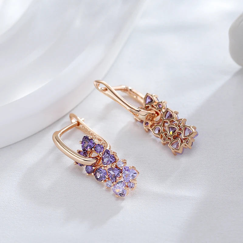 Kinel Hot Shiny Purple Zircon Drop Earrings for Women - 585 Rose Gold Wedding Jewelry Gift