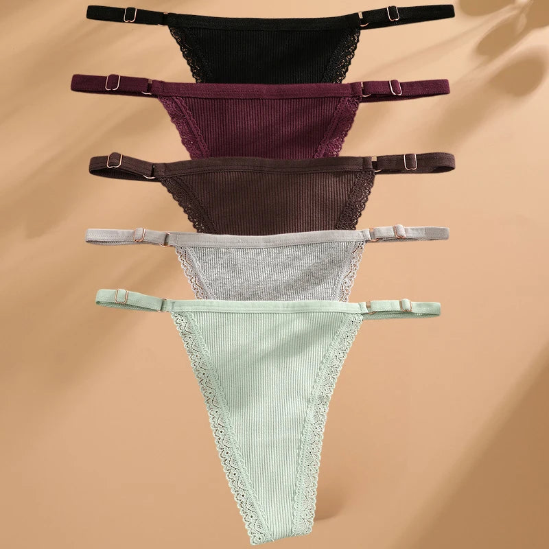 5PCS Cotton G-String Panties Set - Sexy Women's T-Back Underwear, Adjustable Waist Thong Lingerie - Allurra Store