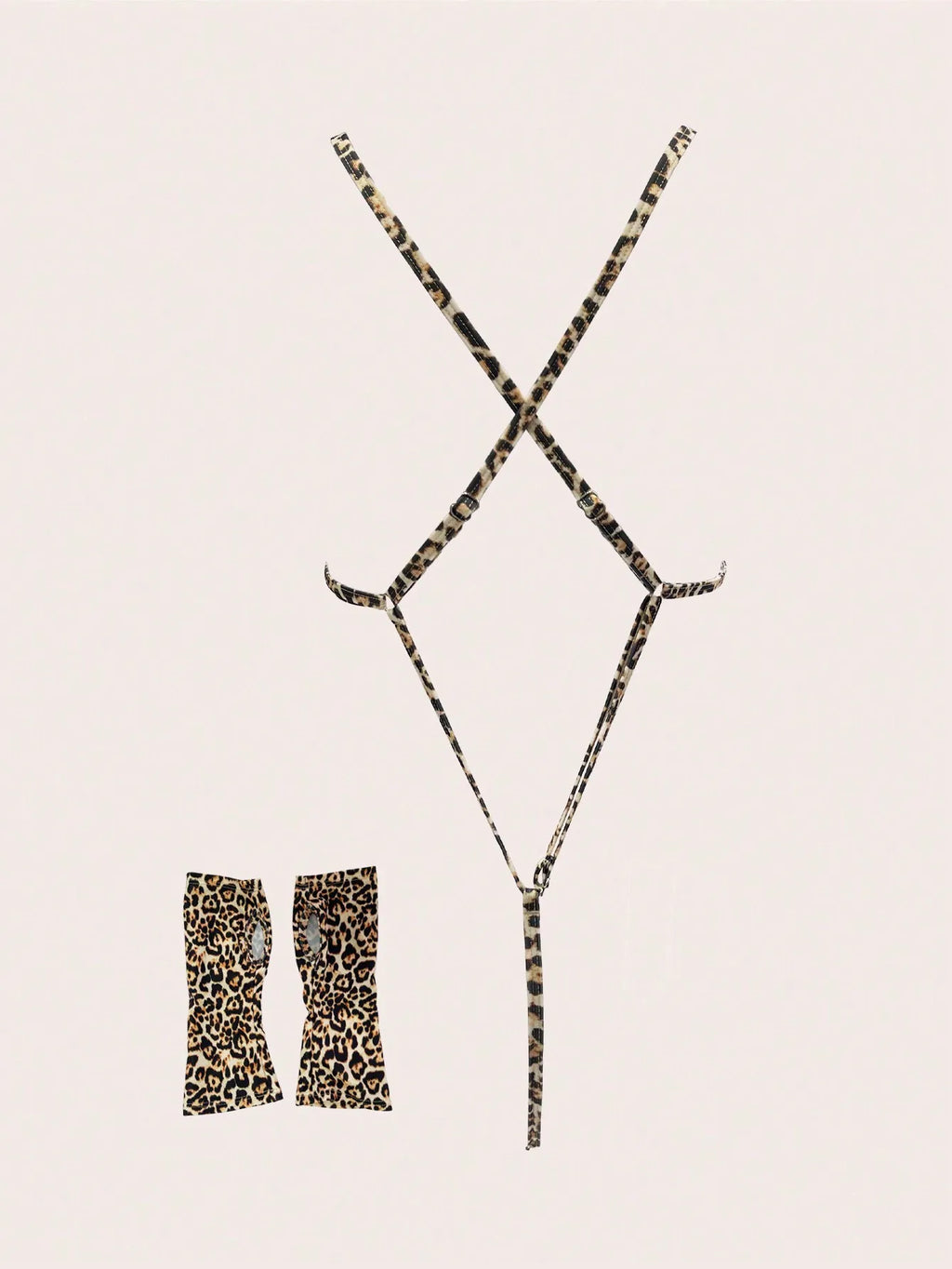 Two Pieces Leopard Print Sexy Lingerie Set with Gloves and Straps Cross Bodysuit