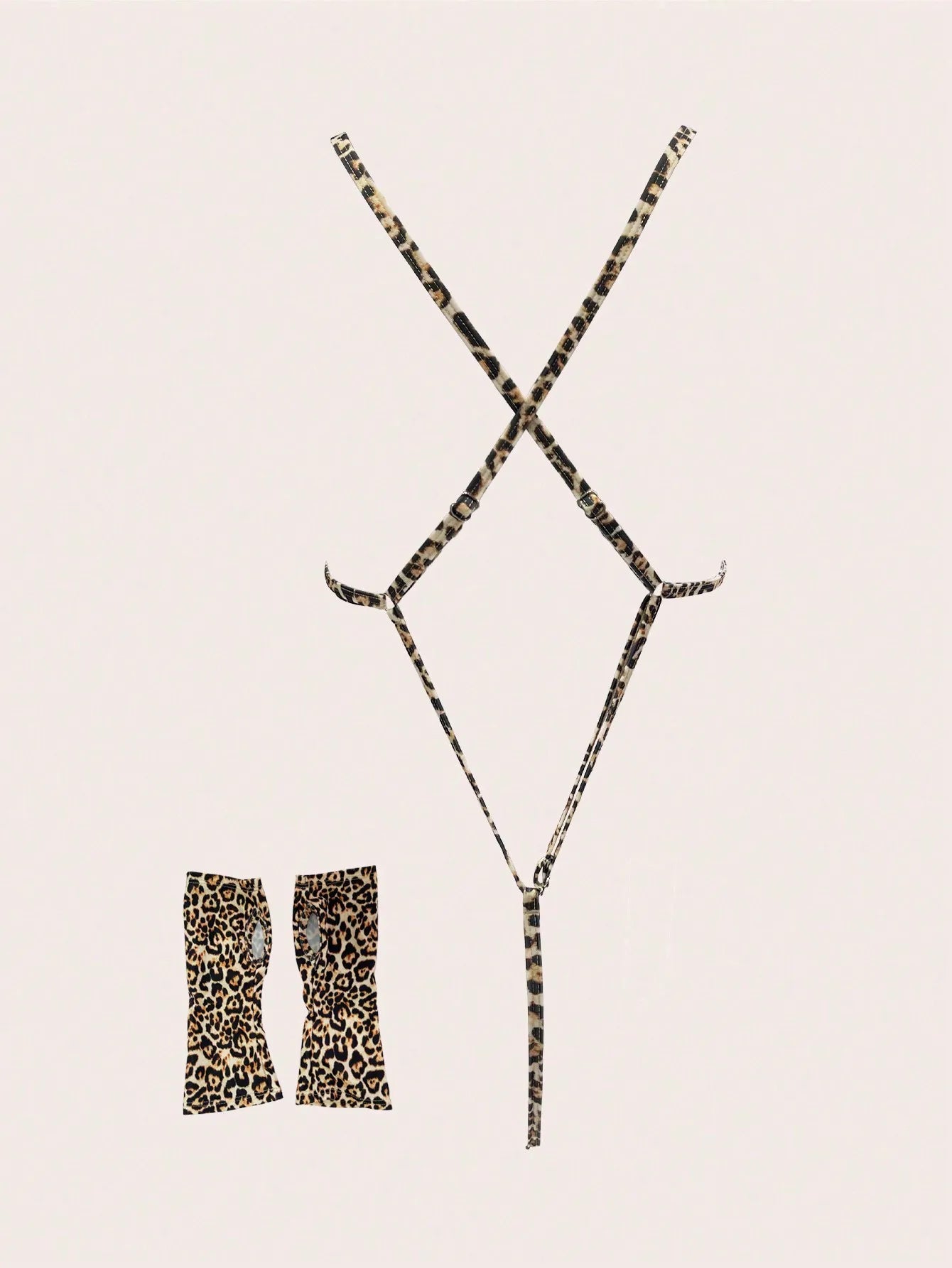 Two Pieces Leopard Print Sexy Lingerie Set with Gloves and Straps Cross Bodysuit
