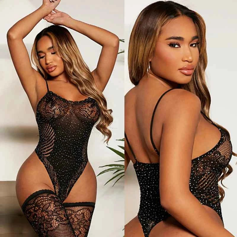 Sexy Lingerie with Rhinestones - Rhinestone Lace Suspenders and Hollow Out Bikini Net Clothing (No Stockings)