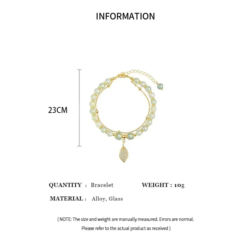 2026 Chinese Green Jade Bracelet for Women with Exquisite Gold Color Leaves – Double Chain Bangle Wrist Strap Gift for Girls