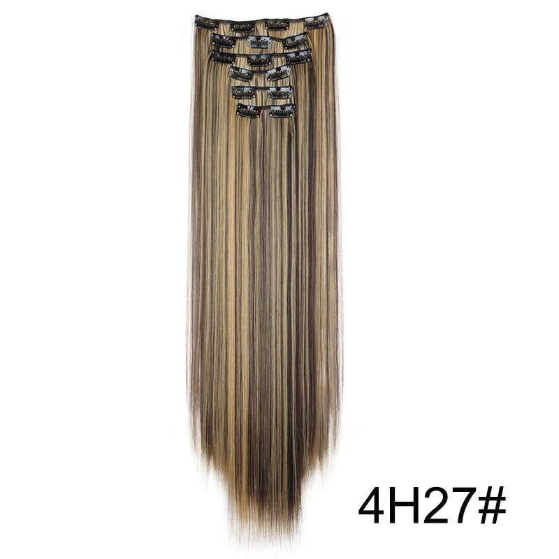 Synthetic Hair Extensions 24 Inch - 16 Clips Long Straight Hairstyle Blonde Black Heat Resistant Hairpieces for Daily Use