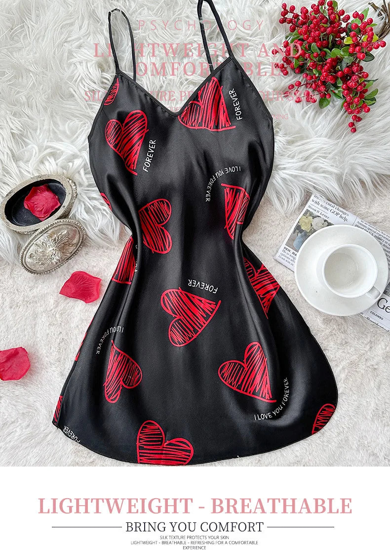 Valentine's Day Red Lip Print Nightdress V Neck Backless Mini Sleep Dress for Women