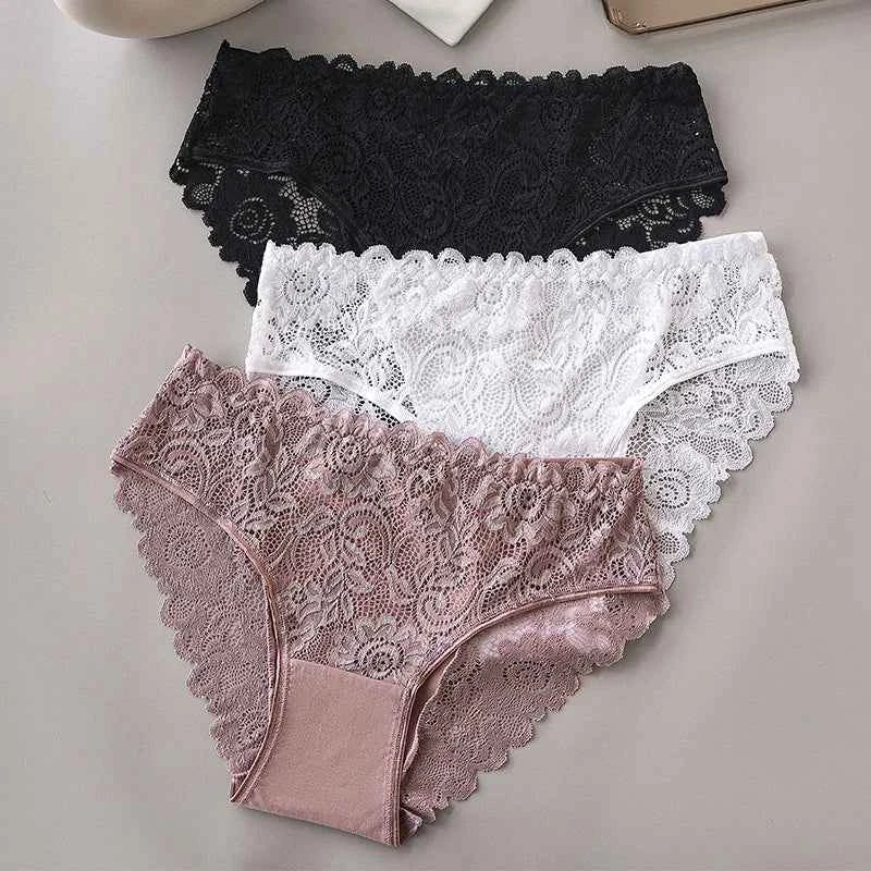3PCS Set Luxury Floral Lace Panties Women Briefs Sexy Hollow Lingerie Breathable Underwear