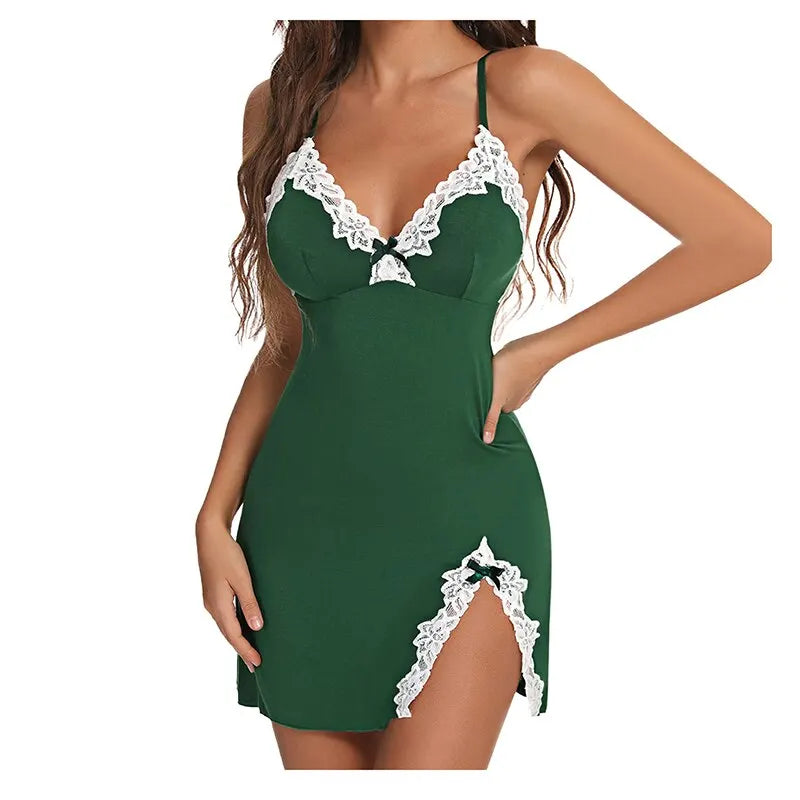 Sexy Lace Silk Satin Nightgown V-Neck Sleeveless Split Hem Soft Lingerie Sleepwear for Women