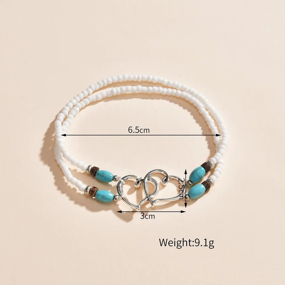Bohemia Layered Beaded Anklet for Women with Hollow Double Heart Charm - Summer Beach Vacation Foot Jewelry Gift