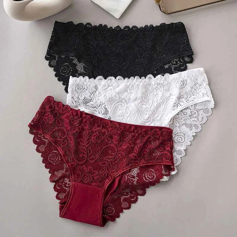 3PCS Set Luxury Floral Lace Panties Women Briefs Sexy Hollow Lingerie Breathable Underwear
