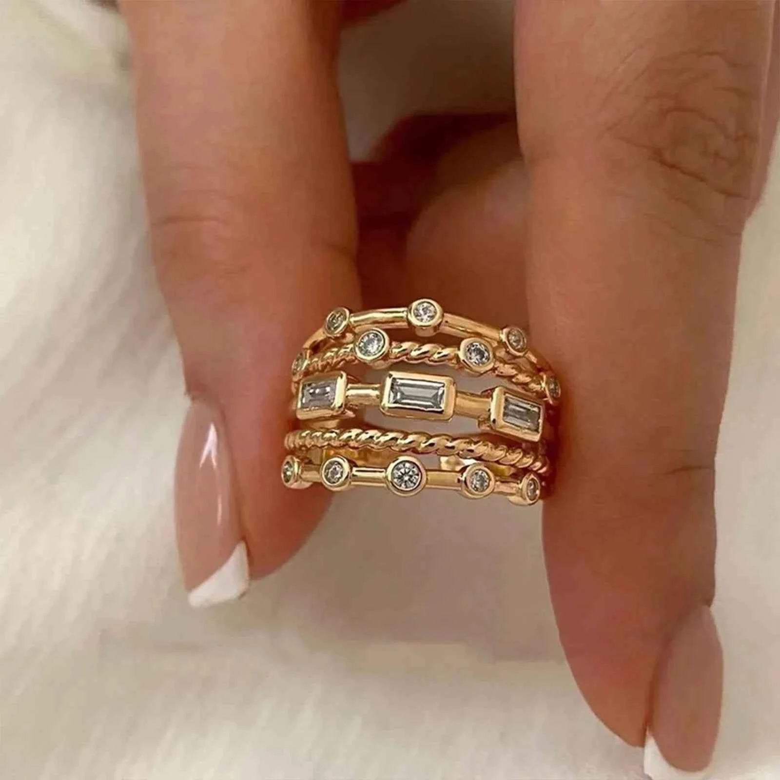18K Gold Plated Sun Rings for Women with Natural Stone Inlaid in Hollow Metal Texture - Trendy Jewelry