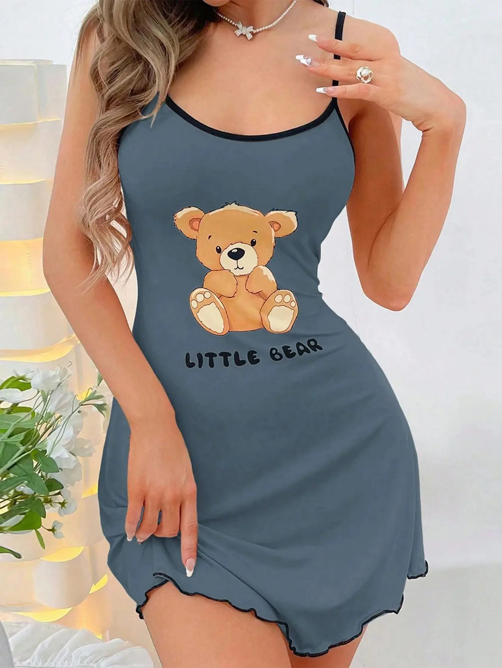 Womens Cute Bear Print Nightgown Cami Dress with Spaghetti Straps and Lettuce Hem Y2K Style - Allurra Store