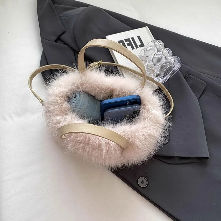 Winter Fashion Faux Fur Crossbody Bags with Pearl Chain Decor for Women’s Gifts, Ladies Handbags Top-Handle Style