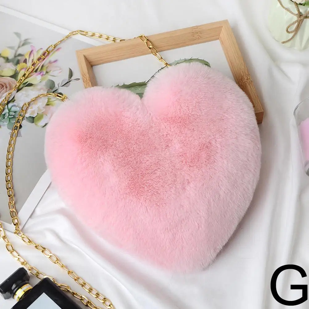 Fashion Women's Heart Shaped Handbags Cute Faux Fur Chain Shoulder Totes Crossbody Plush Bag
