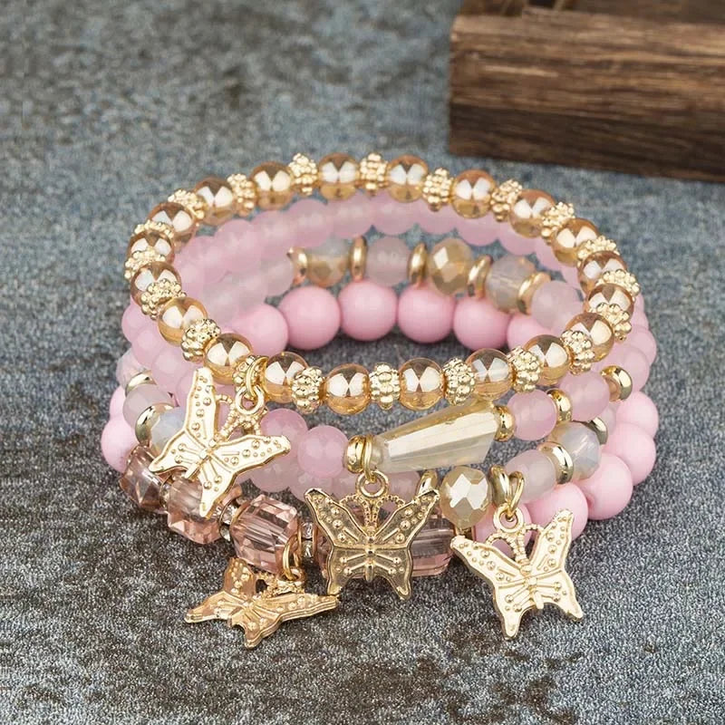 Trendy Butterfly Bracelet Set - 4Pcs Pink Acrylic Beaded Bangle for Women, Bohemian Party Jewelry Gift