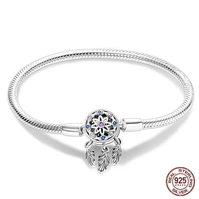 Silver 925 Moon Star Bracelet with Green Zircon - Adjustable 17-20CM Four Leaf Clover Charm Jewelry Gift