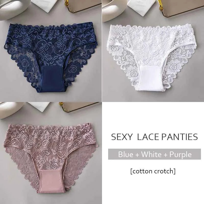 3PCS Set Luxury Floral Lace Panties Women Briefs Sexy Hollow Lingerie Breathable Underwear