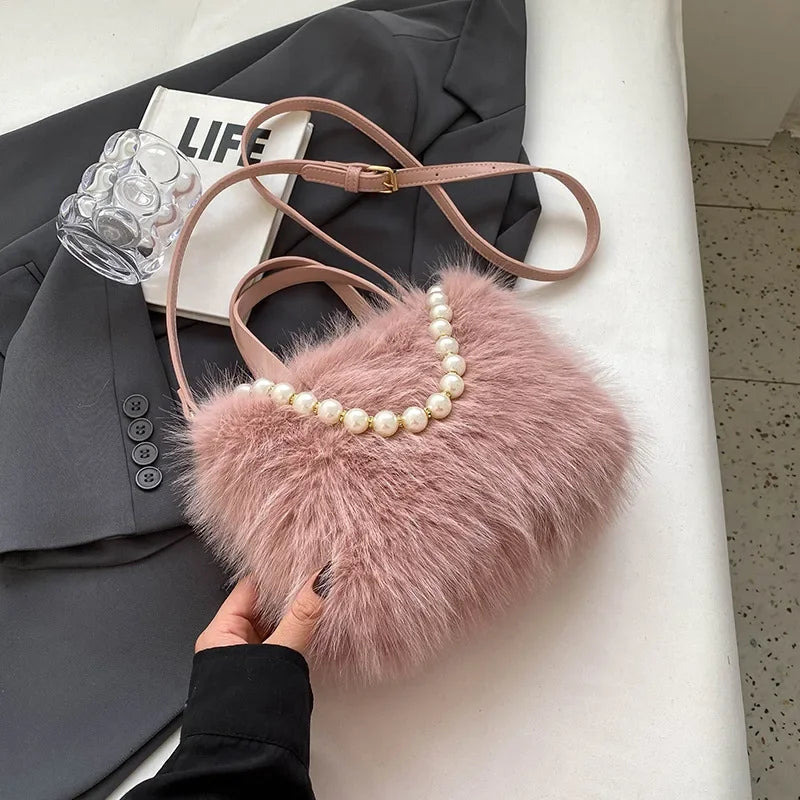 Winter Fashion Faux Fur Crossbody Bags with Pearl Chain Decor for Women’s Gifts, Ladies Handbags Top-Handle Style